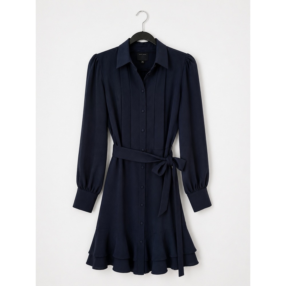 Alex Marie Navy Blue Pleated Ruffle Hem Long Sleeve Shirt Dress 4 NWOT